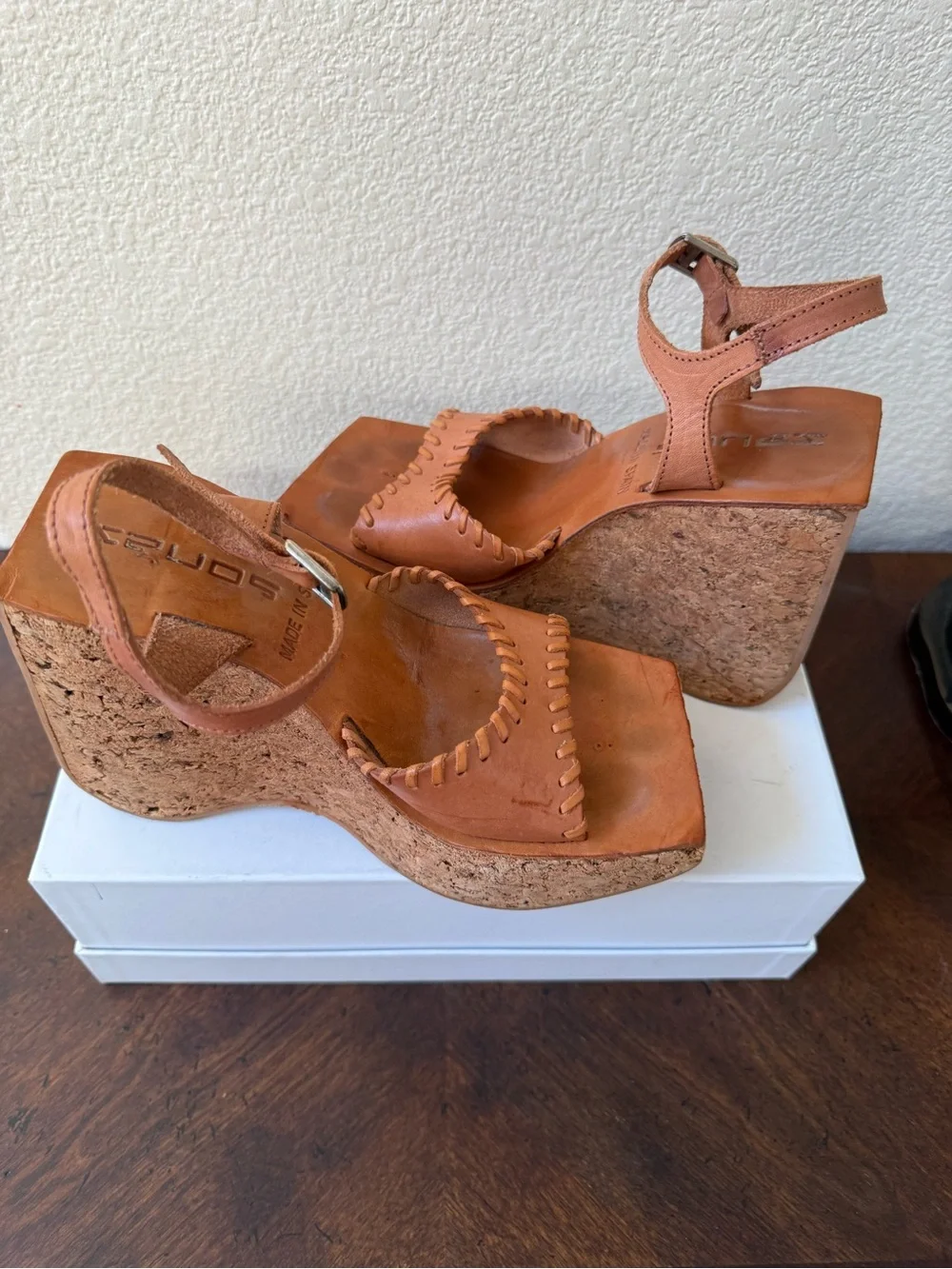 VTG 90s  Sonax Spain Cork Platform Wedge Sandals EU 36 US 5.5-6 Cognac Leather - Picture 12 of 14